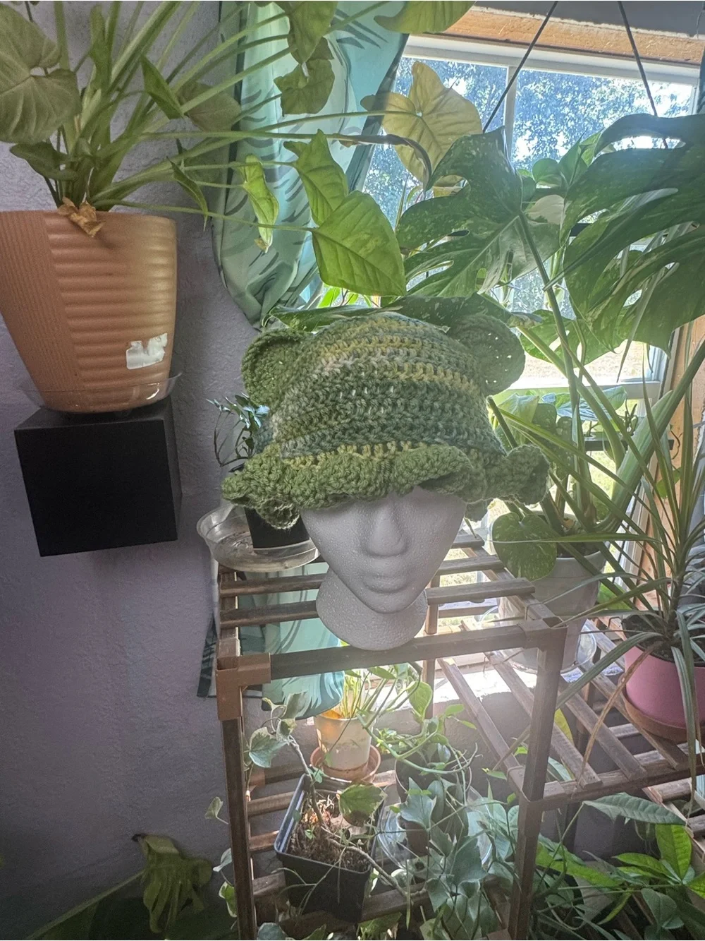 Handmade Crocheted Green Ruffled Brim Hat